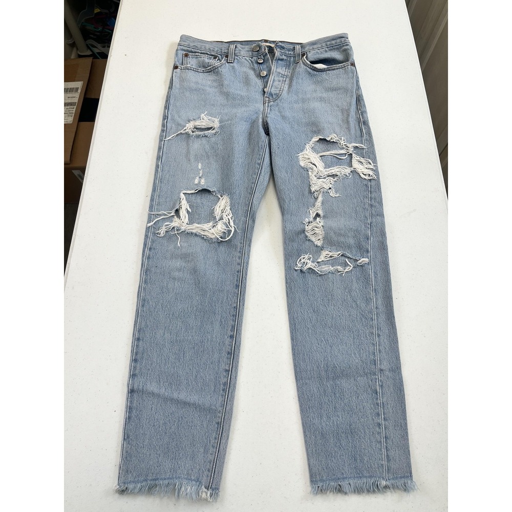 Levis Wedgie Jeans Womens 27 Blue Distressed Ripped Button Fly Frayed Hem Denim
